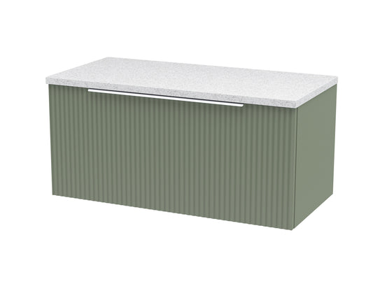 Hudson Reed Fluted 800mm Satin Green Wall Hung Single Drawer Vanity With Laminate Top