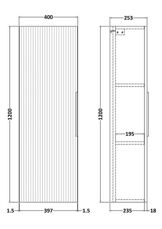 Hudson Reed Fluted 400mm 1 Door Satin Grey Wall Hung Tall Cabinet With Handles