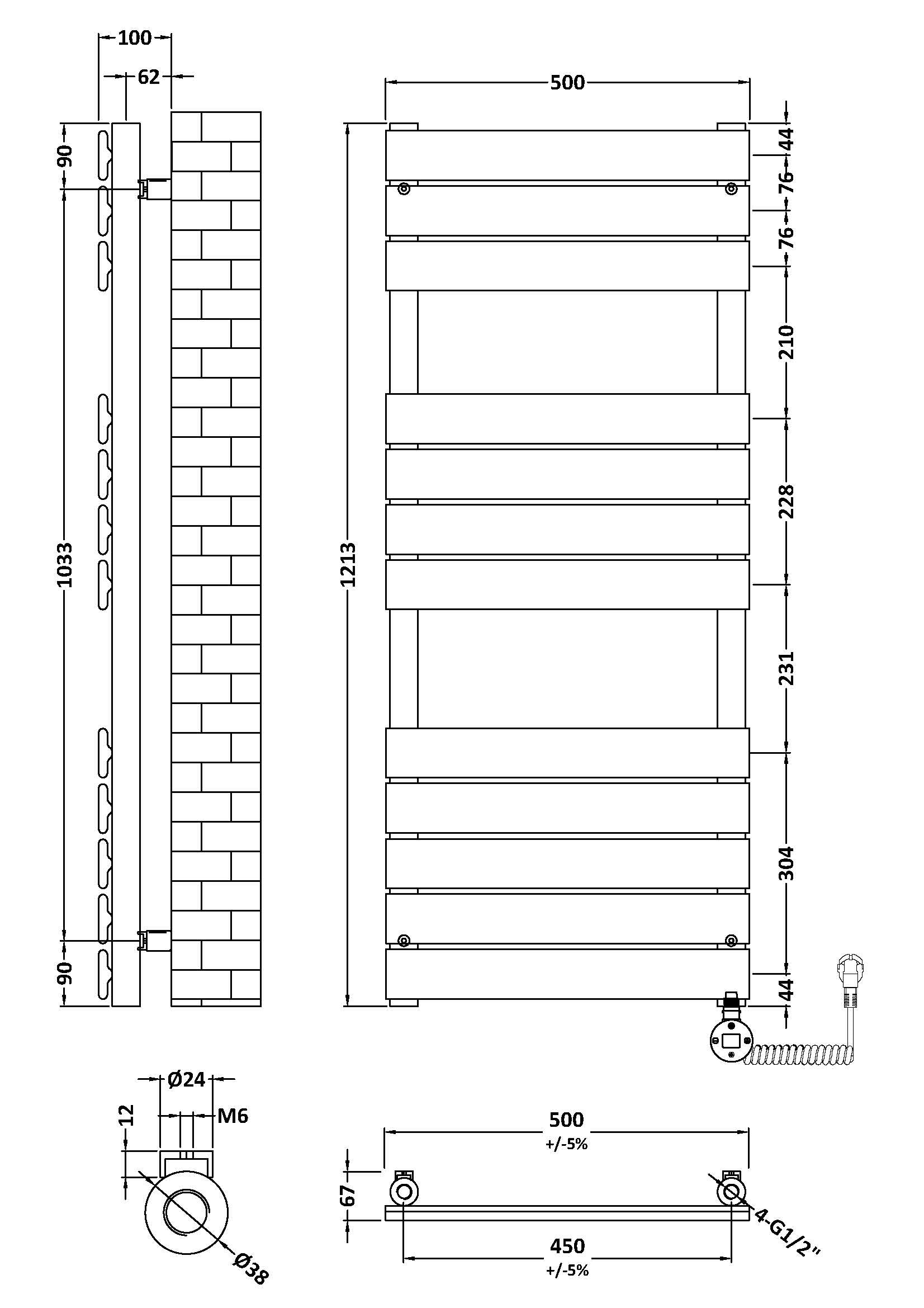 Electric Square Flat Towel Rail with 12 Bars, 1213mm x 500mm