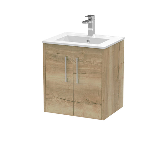 Hudson Reed Juno 500mm Autumn Oak Wall Hung 2-Door Vanity Unit & 1 Tap Hole Basin