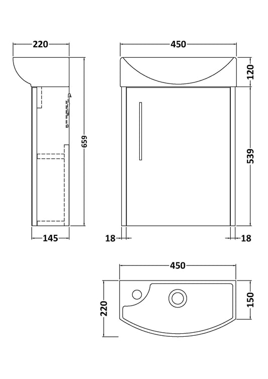 Hudson Reed Juno Compact 440mm Wall Hung Single Door Vanity Unit and Basin With Soft Close Door 1 Tap Hole Right Hand
