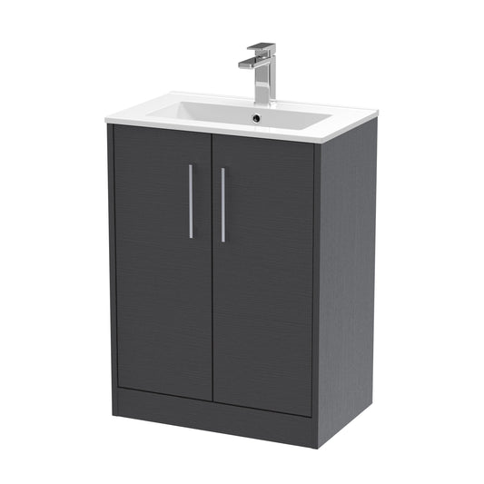 Hudson Reed Juno 600mm Graphite Grey Woodgrain Floor Standing 2-Door Vanity Unit With 1 Tap Hole Basin