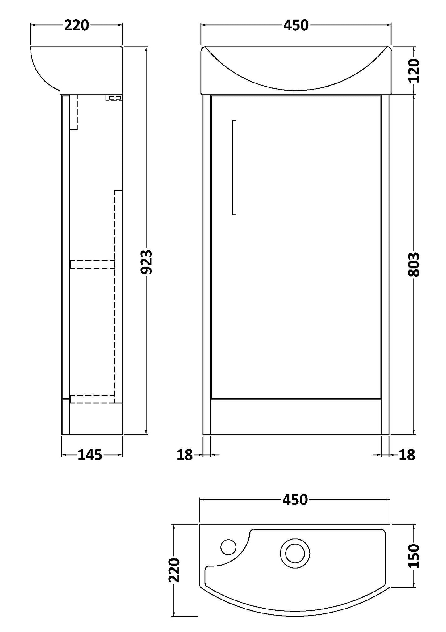 Hudson Reed Juno Compact 450mm Floor Standing Single Door Unit With Right Hand 1 Tap Hole Basin