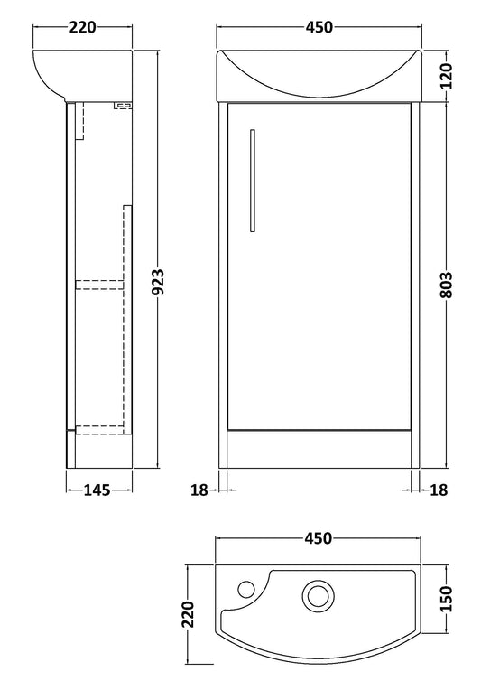 Hudson Reed Juno Compact 450mm Floor Standing Single Door Unit With Right Hand 1 Tap Hole Basin