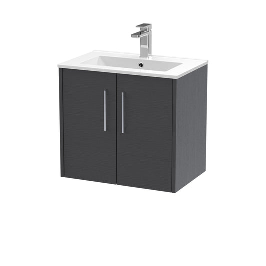 Hudson Reed Juno 600mm Wall Hung Graphite Grey Woodgrain 2-Door Vanity Unit With 1 Tap Hole Basin