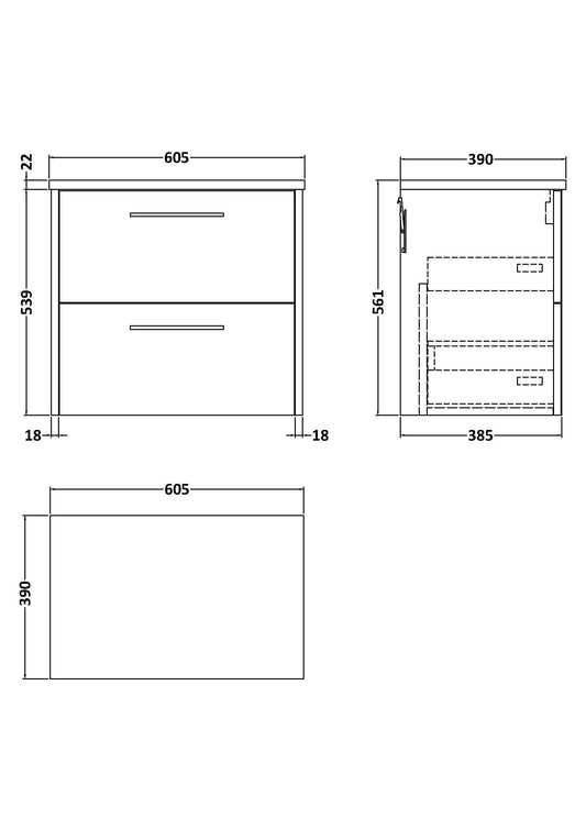 Hudson Reed Juno 600mm Graphite Grey Wall Hung 2-Drawer Soft Close Vanity Unit With Laminate Top