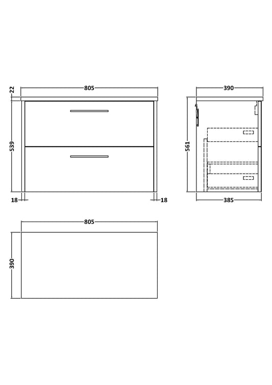 Hudson Reed Juno 800mm Graphite Grey Wall Hung 2-Drawer Soft Close Vanity Unit With Laminate Top