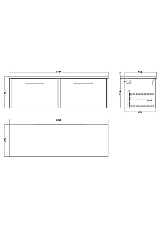 Hudson Reed Juno 1200mm Coastal Grey Wall Hung 2-Drawer Vanity Unit With Laminate Worktop & Handles