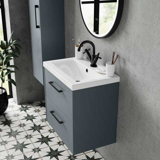 Hudson Reed Juno 600mm Coastal Grey Wall Hung 2-Drawer Vanity Unit With 1 Tap Hole Basin
