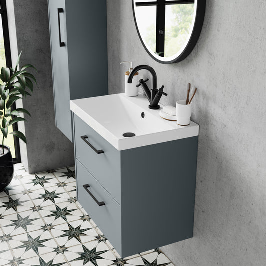 Hudson Reed Juno 600mm Coastal Grey Wall Hung 2-Drawer Soft Close Vanity Unit With 1 Tap Hole Basin