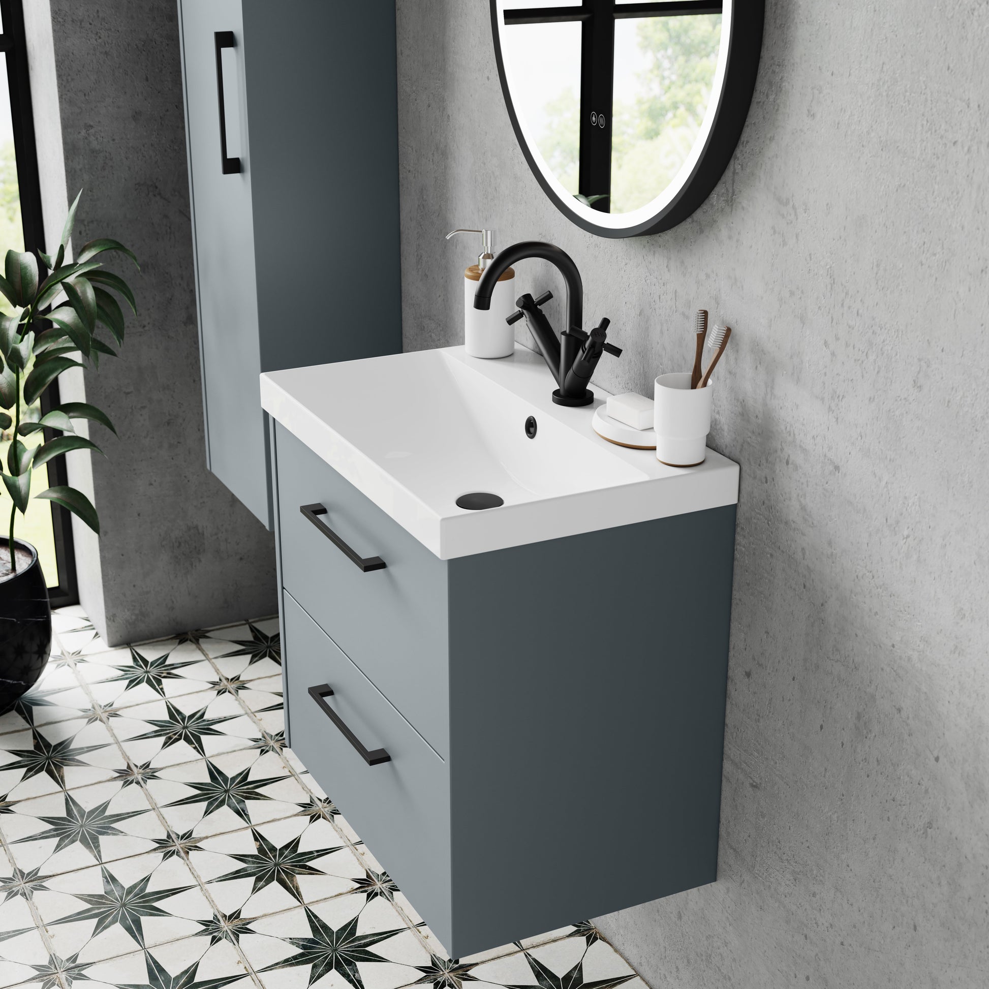 Hudson Reed Juno 800mm Coastal Grey Wall Hung 2-Drawer Vanity Unit & 1 Tap Hole Basin