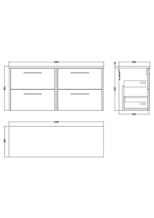 Hudson Reed Juno 1200mm Coastal Grey Wall Hung 4-Drawer Vanity Unit With Laminate Worktop