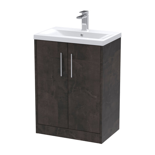 Hudson Reed Juno 600mm Metallic Slate Floor Standing 2 Door Vanity Unit with Ceramic Basin and Handles