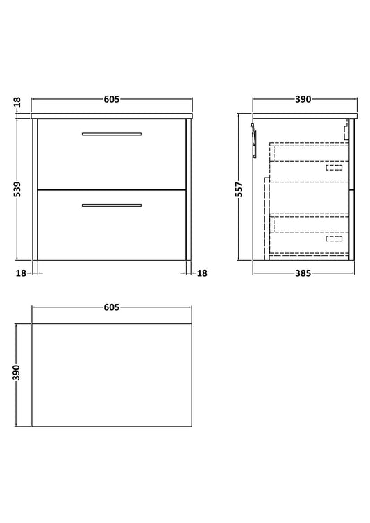 Hudson Reed Juno 600mm Wall Hung 2 Drawer Vanity Unit With Worktop & Handles