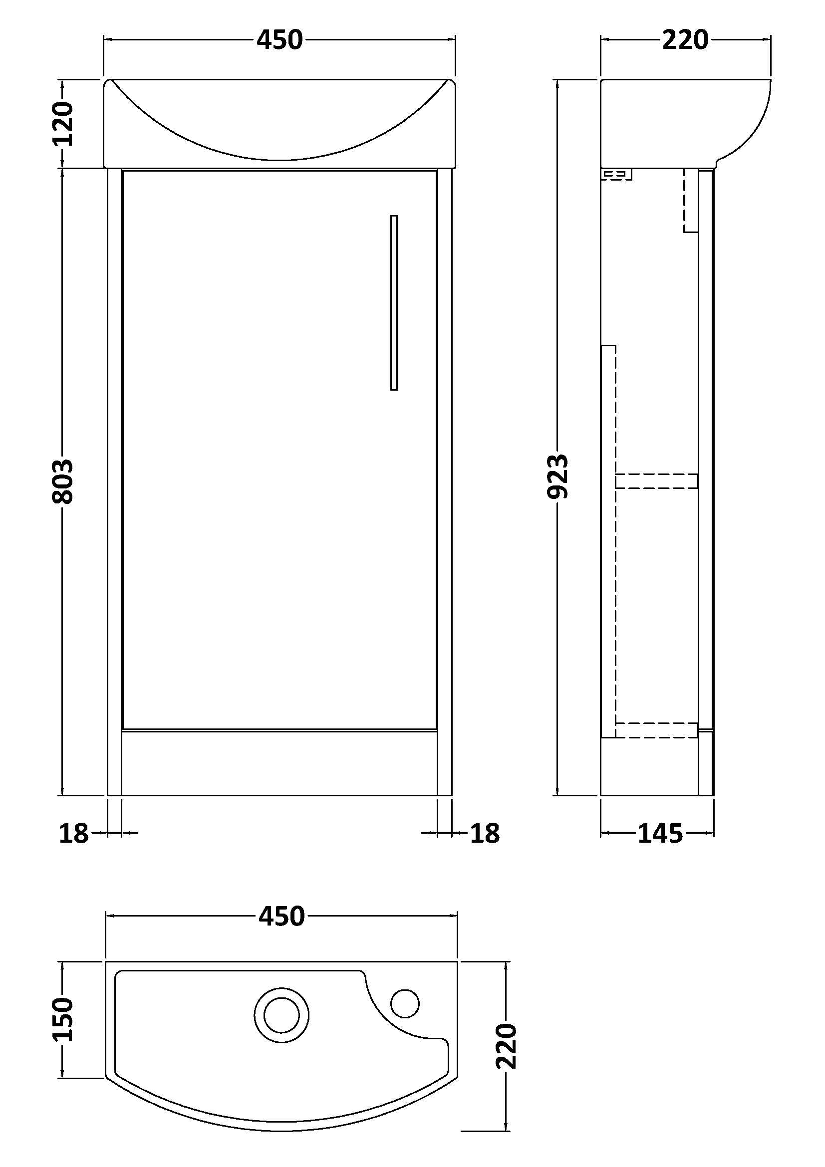 Hudson Reed Juno Compact 450mm Floor Standing 1-Door Left Hand Vanity Unit With 1 Tap Hole Basin