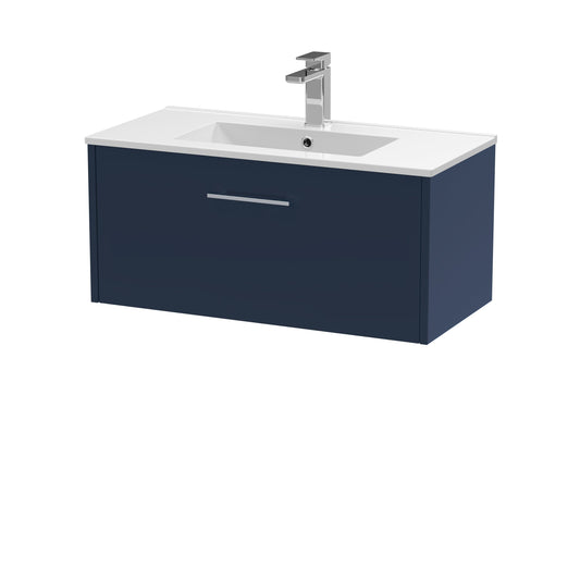 Hudson Reed Juno 800mm Midnight Blue Wall Hung Single Drawer Vanity Unit with Basin and Soft Close Drawer