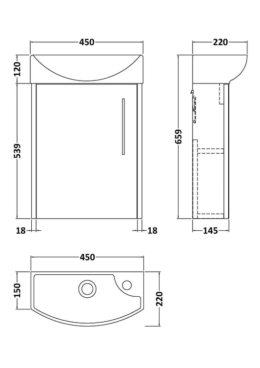 Hudson Reed Juno Compact 440mm Midnight Blue Wall Hung 1-Door Vanity Unit With 1 Tap Hole Basin