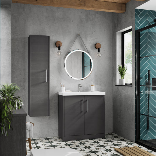 Hudson Reed Juno 500mm Floor Standing Graphite Grey Woodgrain 2-Door Vanity Unit with 1 Tap Hole Basin