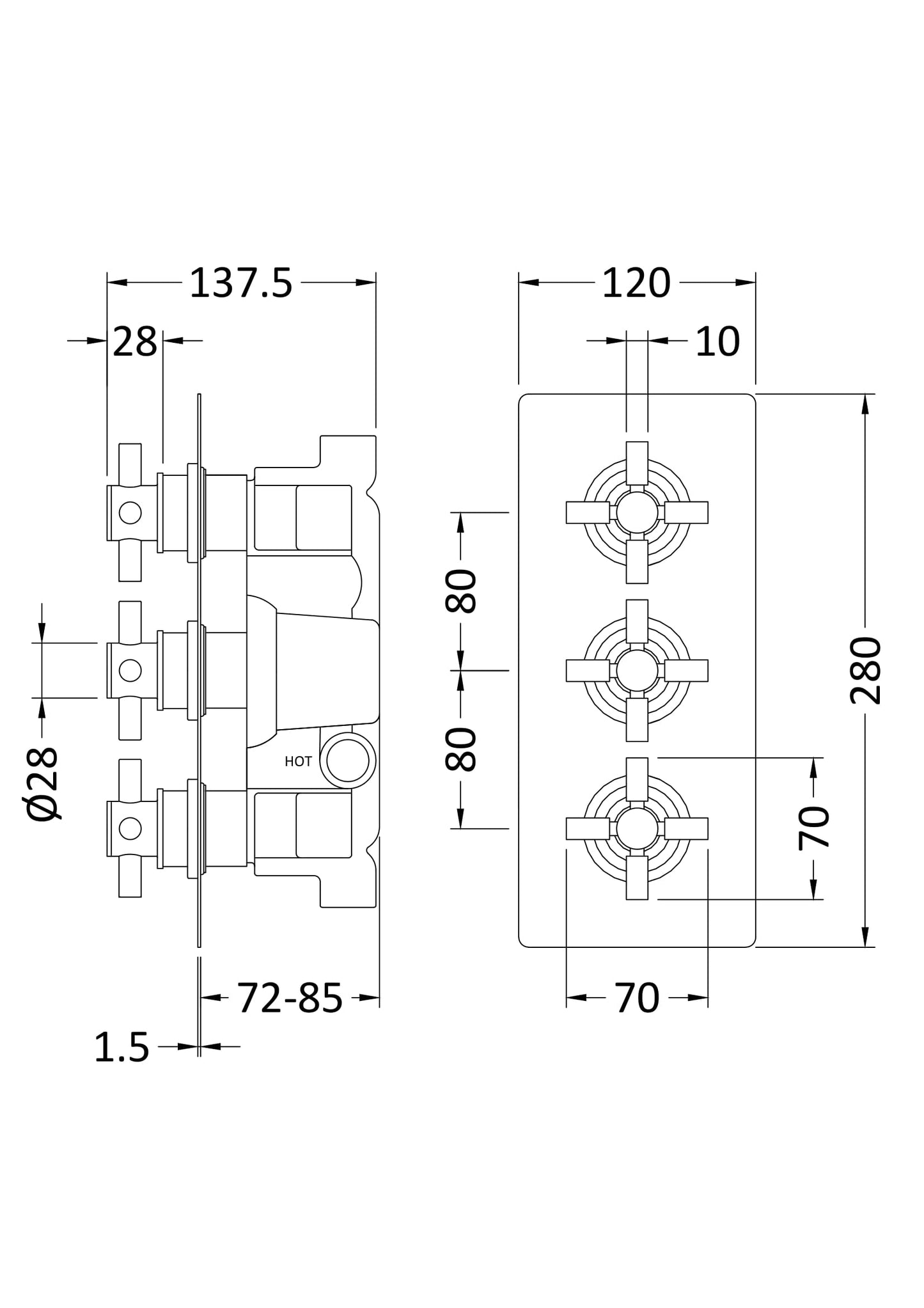 Tec Crosshead Triple Thermostatic Shower Valve Brushed Brass