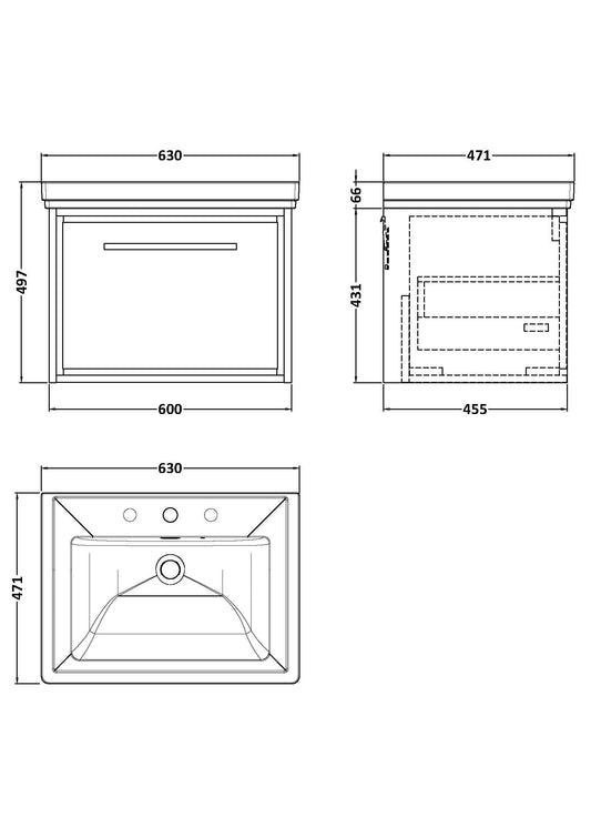 Lille 600mm Wall Hung Single Drawer Vanity with Basin - 3 Tap Hole