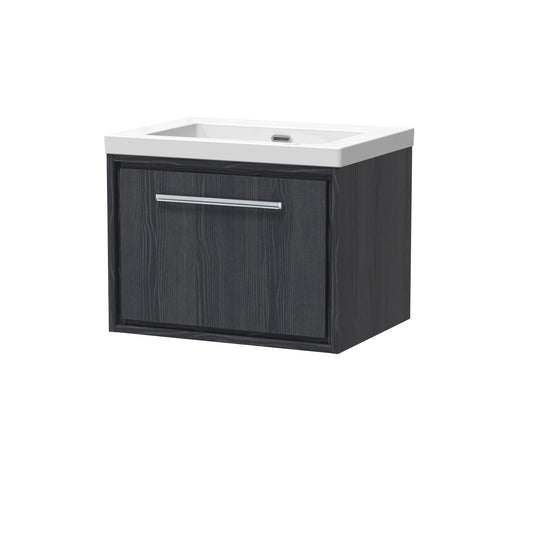 Hudson Reed Lille 600mm Wall Hung Single Drawer Vanity with Basin - Graphite Grey Woodgrain, No Tap Hole