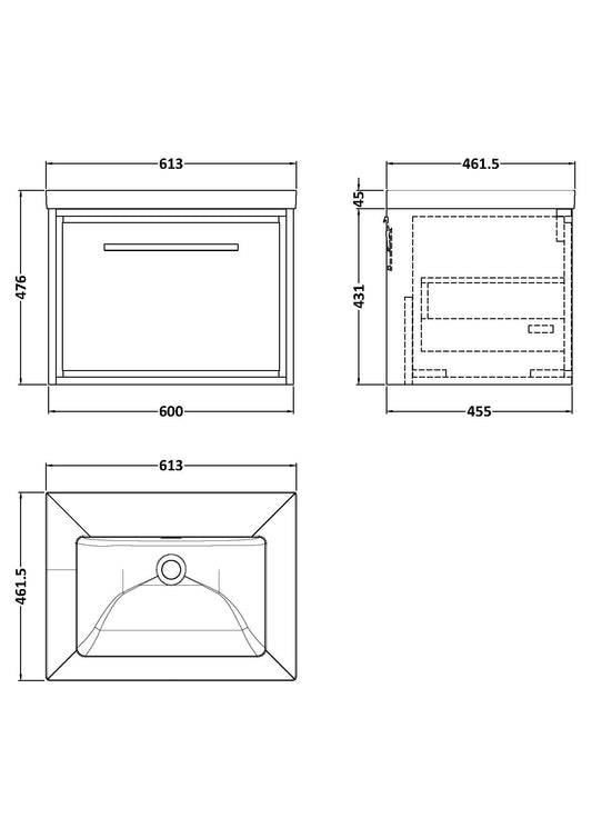 Hudson Reed Lille 600mm Wall Hung Single Drawer Vanity with Basin - Graphite Grey Woodgrain, No Tap Hole