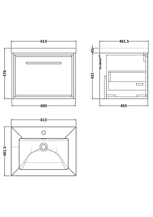 Lille 600mm Wall Hung Single Drawer Vanity with Basin - 1 Tap Hole