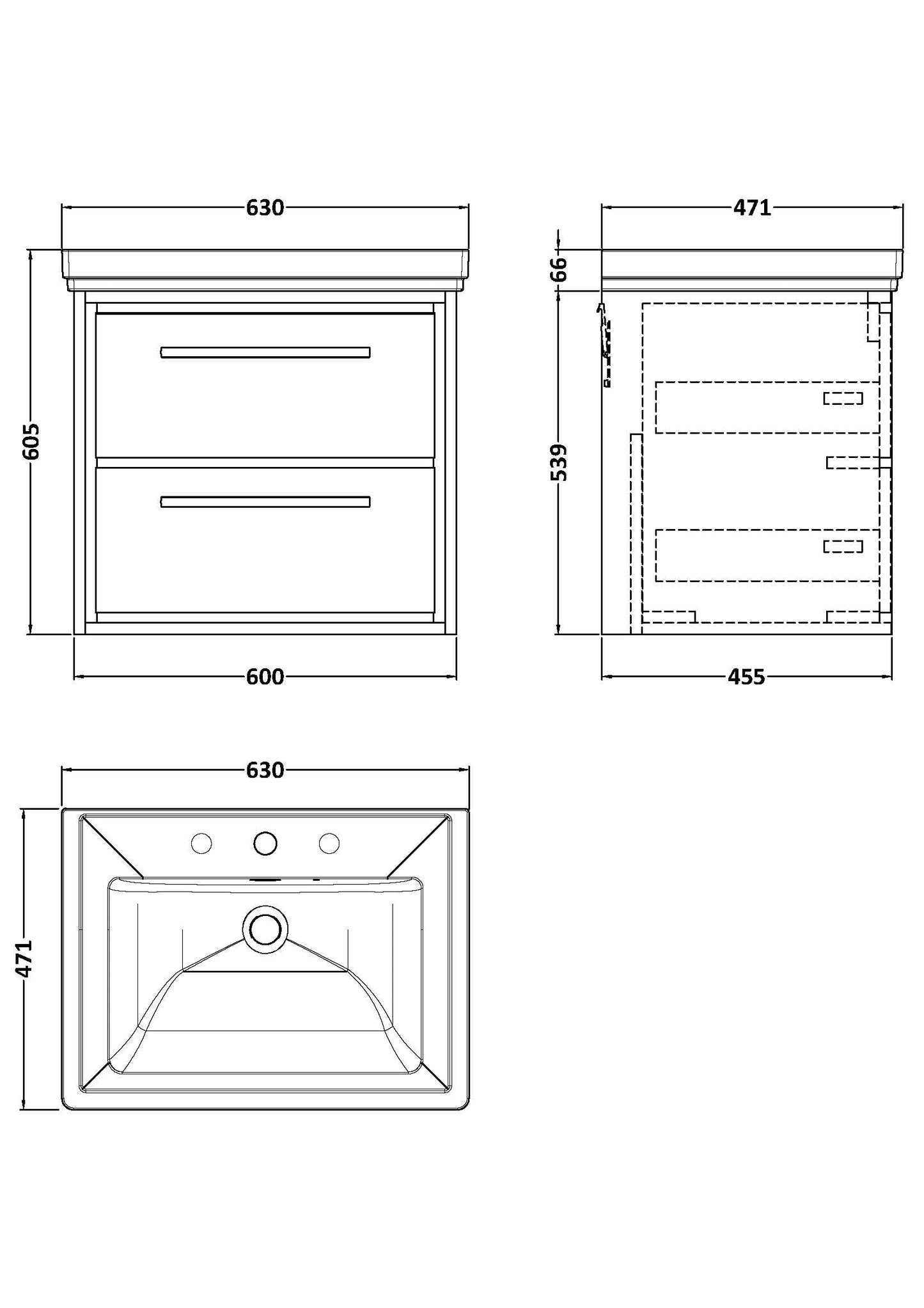 Lille 600mm Wall Hung 2-Drawer Vanity with Basin - 3 Tap Hole