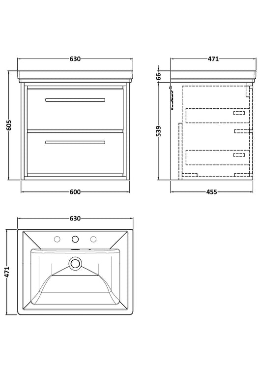Lille 600mm Wall Hung 2-Drawer Vanity with Basin - 3 Tap Hole