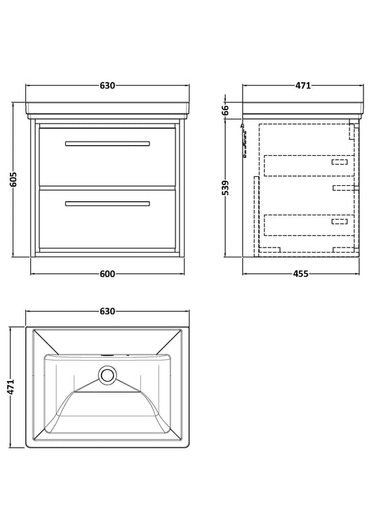 Lille 600mm Wall Hung 2-Drawer Vanity with Basin - 0 Tap Hole