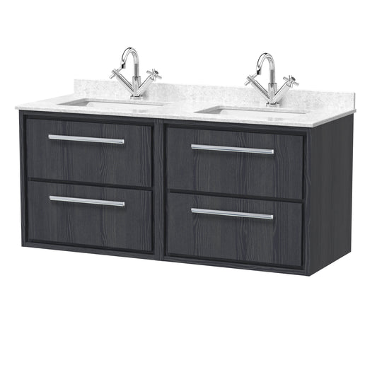 Hudson Reed Lille 1200mm Wall Hung 4-Drawer Vanity Unit with Double Marble Basin, Backsplash & 2 Tap Holes