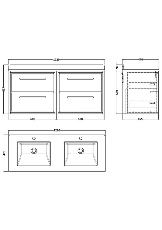 Hudson Reed Lille 1200mm Wall Hung 4-Drawer Vanity Unit with Double Marble Basin, Backsplash & 2 Tap Holes