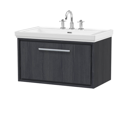 Hudson Reed Lille 800mm Graphite Grey Woodgrain Wall Hung Single Drawer Vanity Unit With 3 Tap Hole Basin