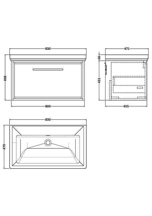 Hudson Reed Lille 830mm Graphite Grey Woodgrain Wall Hung Single Drawer Vanity Unit With Basin