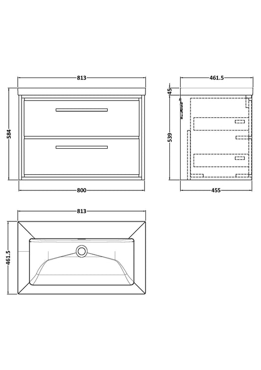 Hudson Reed Lille 800mm Graphite Grey Woodgrain Wall Hung 2-Drawer Vanity Unit with 0 Tap Hole Basin