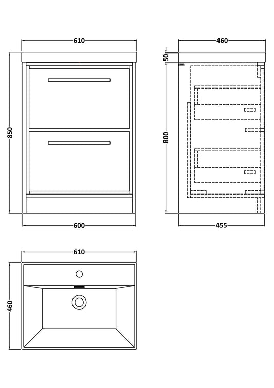 Hudson Reed Lille 600mm Floor Standing 2-Drawer Vanity Unit with 1 Tap Hole Basin