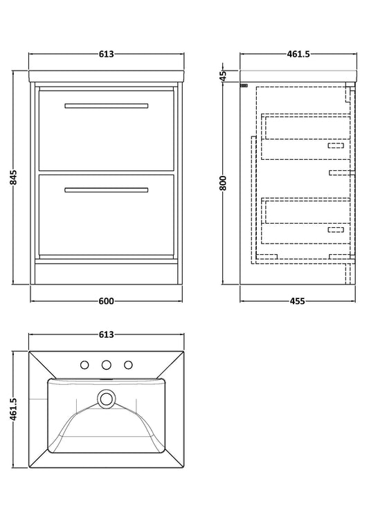 Lille 600mm Floor Standing 2-Drawer Vanity with Basin - 3 Tap Hole