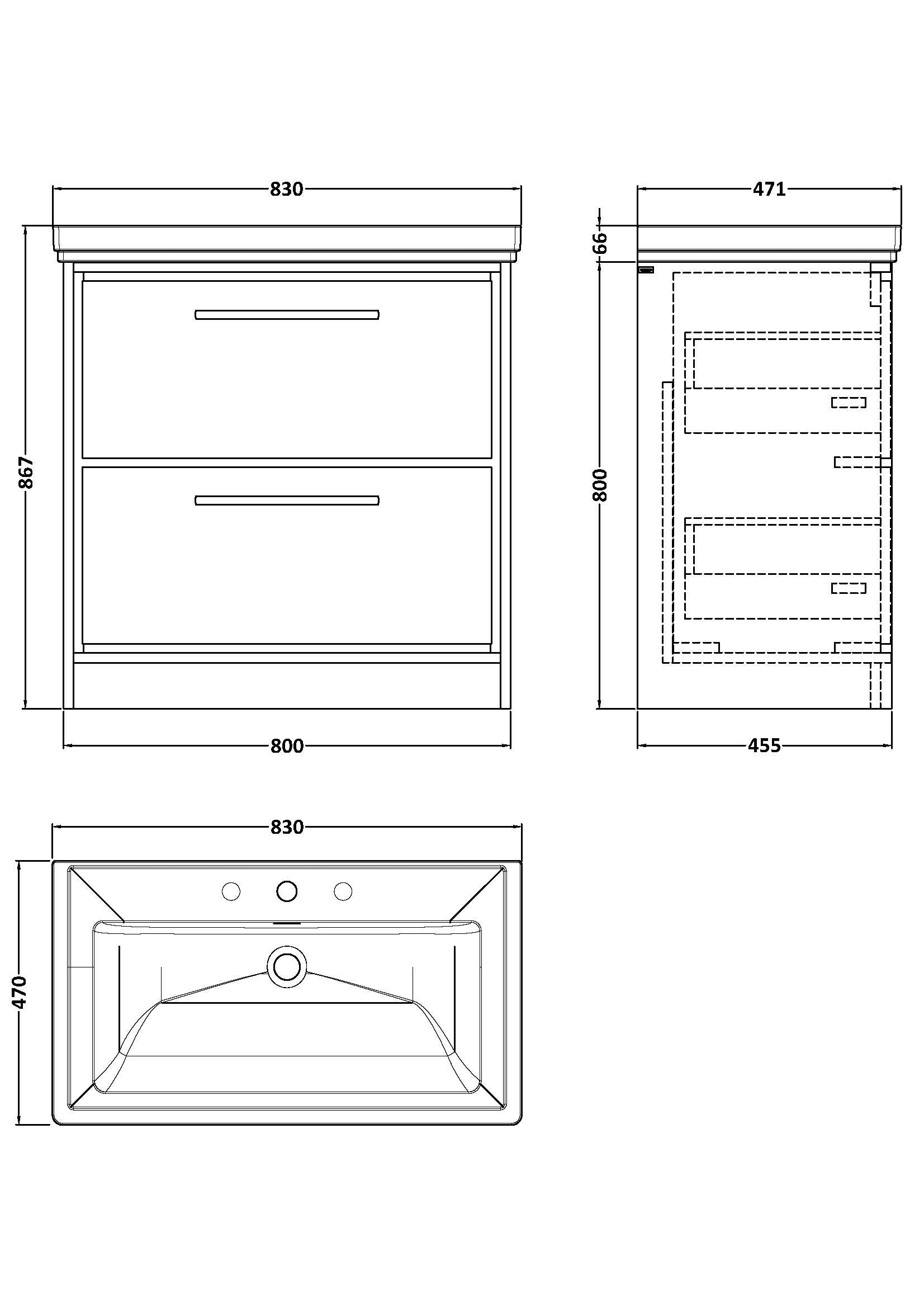 Hudson Reed Lille 800mm Floor Standing 2-Drawer Vanity Unit With 3 Tap Hole Basin