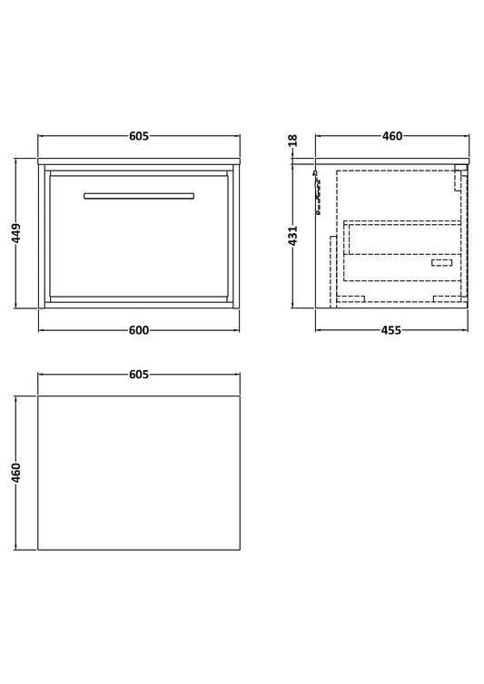 Lille 600mm Wall Hung Single Drawer Vanity with Worktop