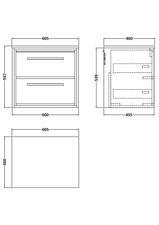 Lille 600mm Wall Hung 2-Drawer Vanity with Worktop