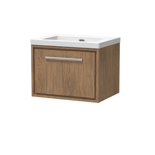 Hudson Reed Lille 600mm Antique Oak Wall Hung Single Drawer Vanity Unit with Basin with Soft Close Drawer