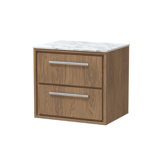 Hudson Reed Lille 600mm Antique Oak Wall Hung 2-Drawer Vanity With Marble Worktop