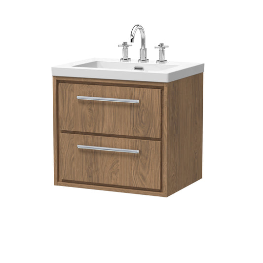 Hudson Reed Lille 600mm Antique Oak Wall Hung 2-Drawer Vanity Unit With 3 Tap Hole Basin