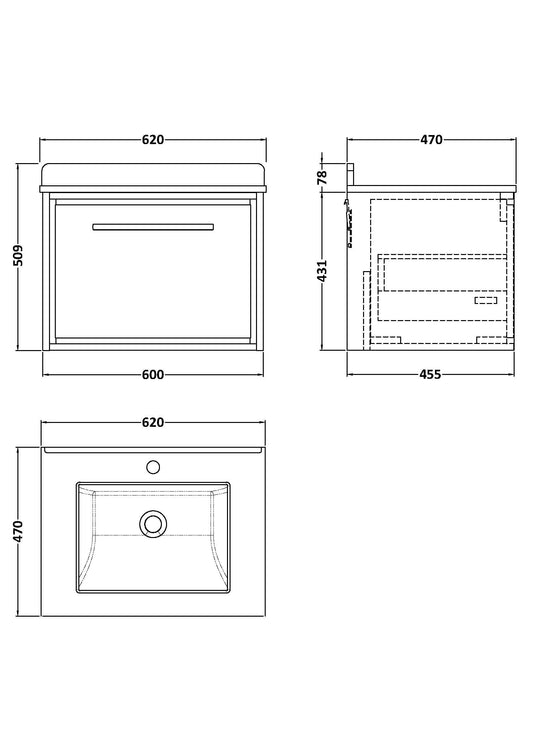 Hudson Reed Lille 600mm Wall Hung Single Drawer Vanity Unit With Marble Basin