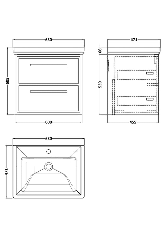 Lille 600mm Wall Hung 2-Drawer Vanity with Basin - 1 Tap Hole