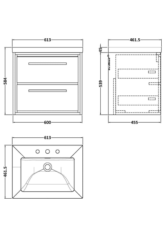Hudson Reed Lille 600mm Bleached Oak Wall Hung 2-Drawer Vanity Unit with 3 Tap Hole Basin