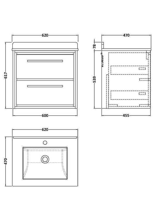 Lille 600mm Wall Hung 2-Drawer Vanity with Marble Worktop Basin