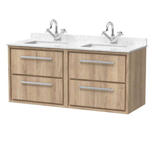 Hudson Reed Lille 1220mm Wall Hung 4-Drawer Bleached Oak Vanity Unit With Marble Worktop & Double Basins