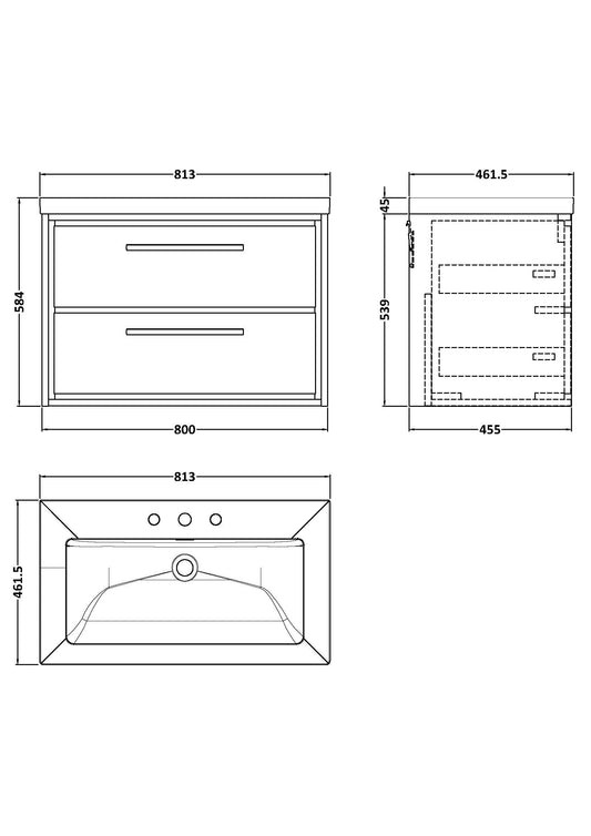 Hudson Reed Lille 800mm Wall Hung 2-Drawer Vanity Unit with 3 Tap Hole Basin