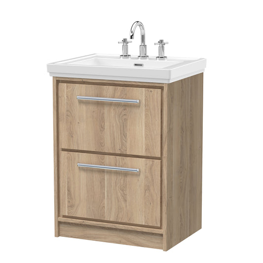 Hudson Reed Lille 600mm Bleached Oak Floor Standing 2-Drawer Vanity Unit with 3 Tap Hole Basin